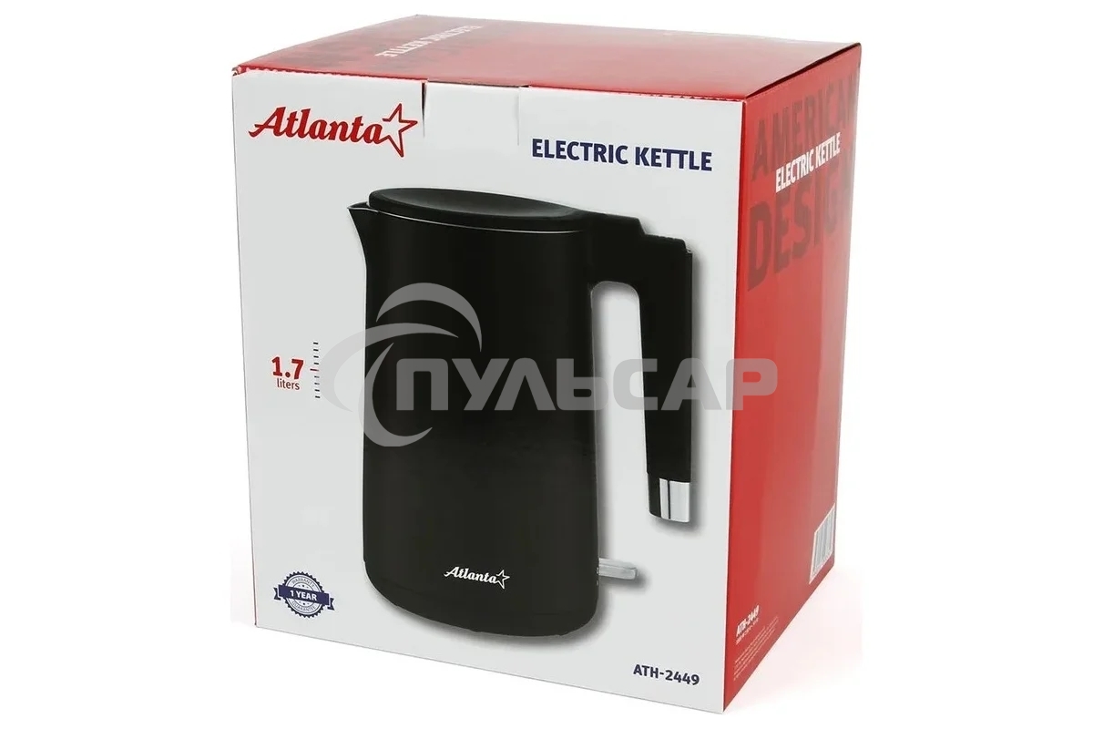 Чайник электрический Atlanta ATH-2449 черный 1,7л, нержавейка, двухстенный