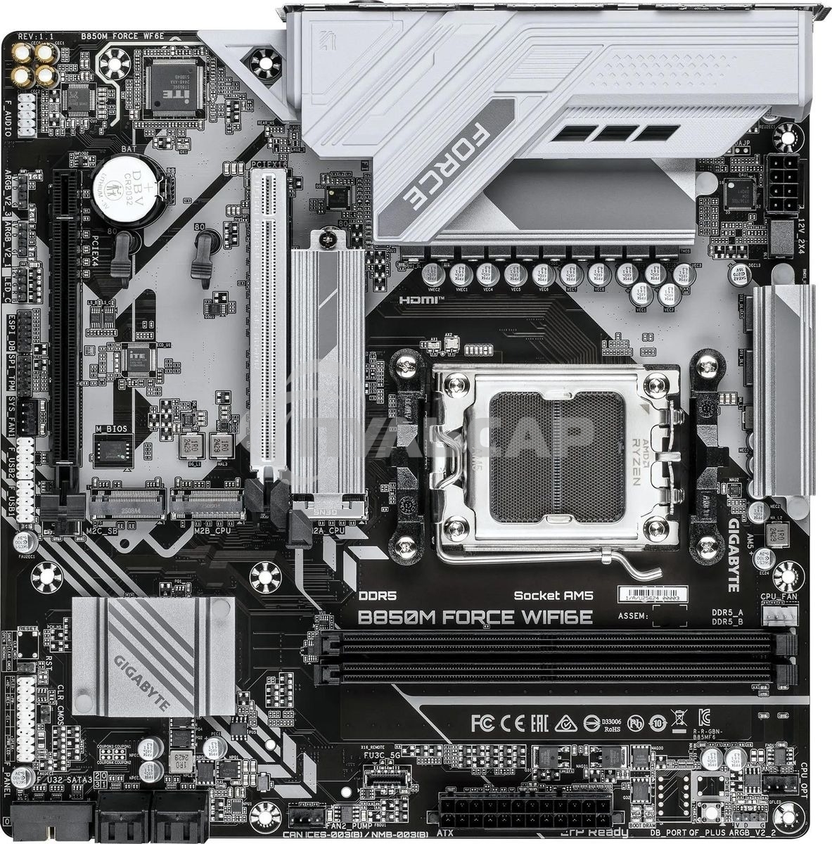 Материнская плата Gigabyte B850M FORCE WF6E, AM5, AMD B850, 2xDDR5, 4xSATA, 3xM.2, 1xPCIe 5.0 x16, 1xPCIe 4.0 x4, 1xDP, 1xHDMI, 1x2.5Gb LAN, Wi-Fi 6E, Bluetooth 5.3, 1xUSB-C 5Gbps, 1xUSB-A 10Gbps, 2xUSB-A 5Gbps, 2xUSB-A 2.0, 3x3.5 мм, 7.1, mATX
