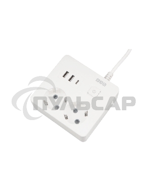 Бытовой удлинитель PowerCube, 2р с/з вык.,3USB, 3500 Вт, 16А, 1.9 м, 3*1,0 (белый) квадрат