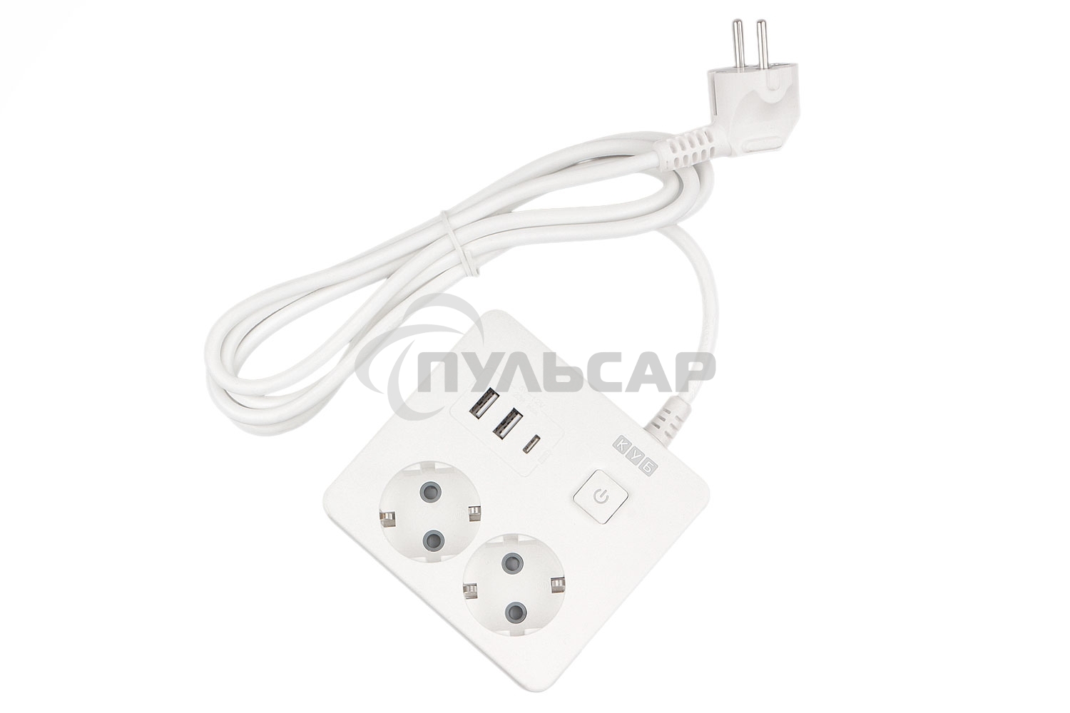 Бытовой удлинитель PowerCube, 2р с/з вык.,3USB, 3500 Вт, 16А, 1.9 м, 3*1,0 (белый) квадрат