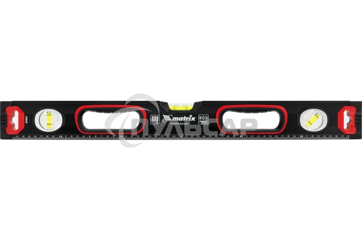 Уровень алюминиевый Matrix, усиленный, фрезерованный, 3 глазка, 2 комп. рукоятки, 600 мм