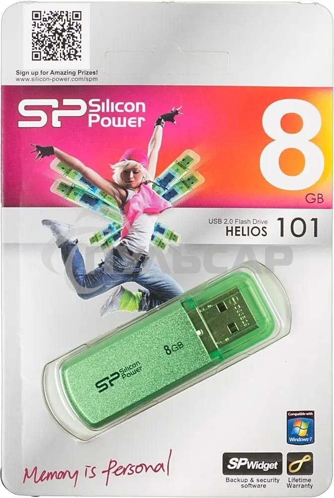 Флешка USB R/W Silicon Power R/W 8Gb Helios 101 SP008Gb,UF2101V1N USB 2.0 зеленый