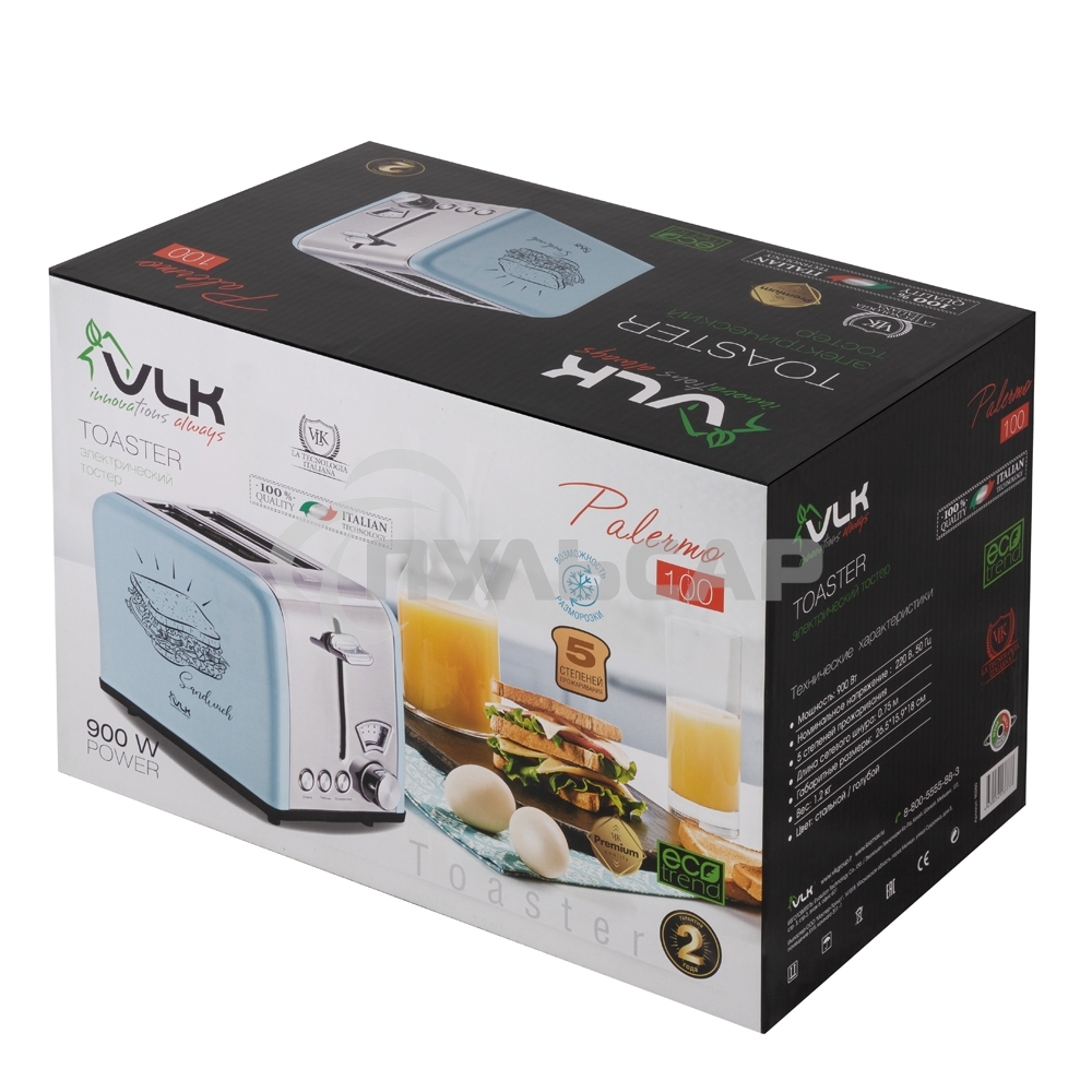 Тостер VLK Palermo 100, мощность 900 Вт, голубой, 5 регулировок поджаривания