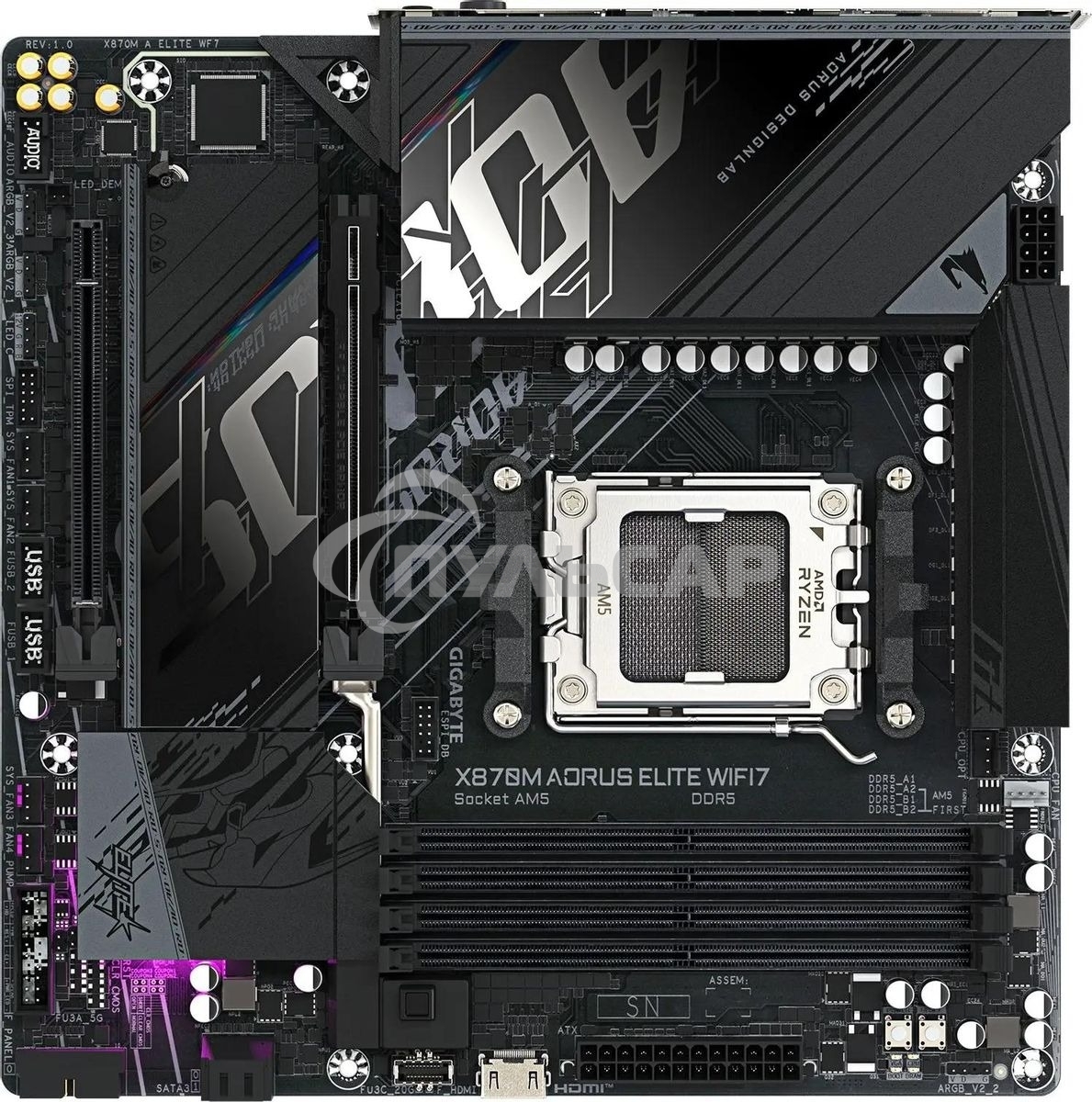Материнская плата Gigabyte X870M AORUS ELITE WIFI7, AM5, AMD X870, 4xDDR5, 4xSATA, 4xM.2, 1xPCIe 5.0 x16, 1xPCIe 4.0 x4, 1xPCIe 3.0 x2, 1xHDMI, 2xUSB Type-C, 1x2.5Gb LAN, Wi-Fi 7, Bluetooth 5.4, 2xUSB-C USB4, 2xUSB-A 10Gbps, 4xUSB-A 5Gbps, 4xUSB-A 2.0, S/