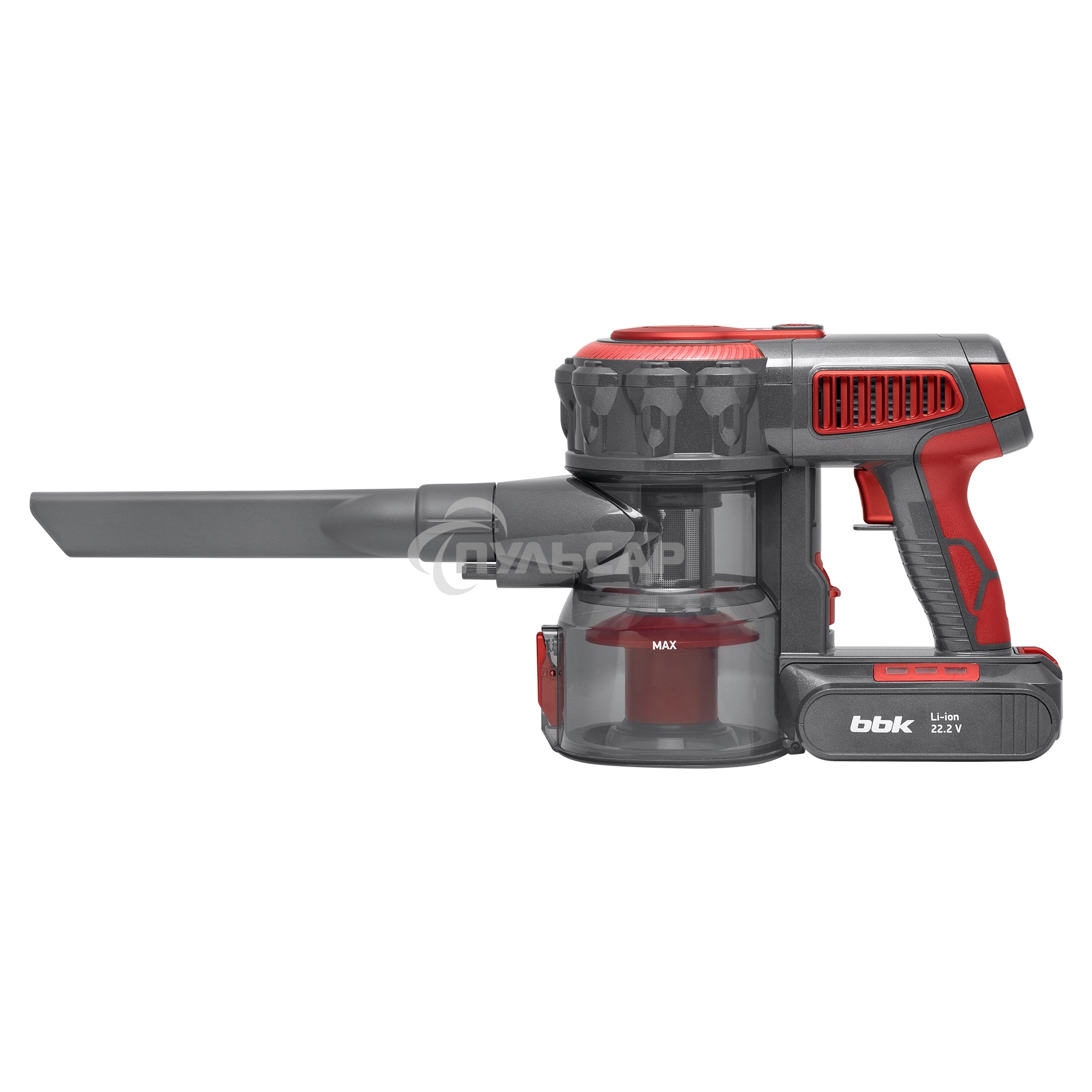 Пылесос вертикальный BBK BV3002 красный/серый, питание от аккумулятора, 150 Вт, уборка сухая, пылесборник 0.8 л, работа от АКБ max 30 мин