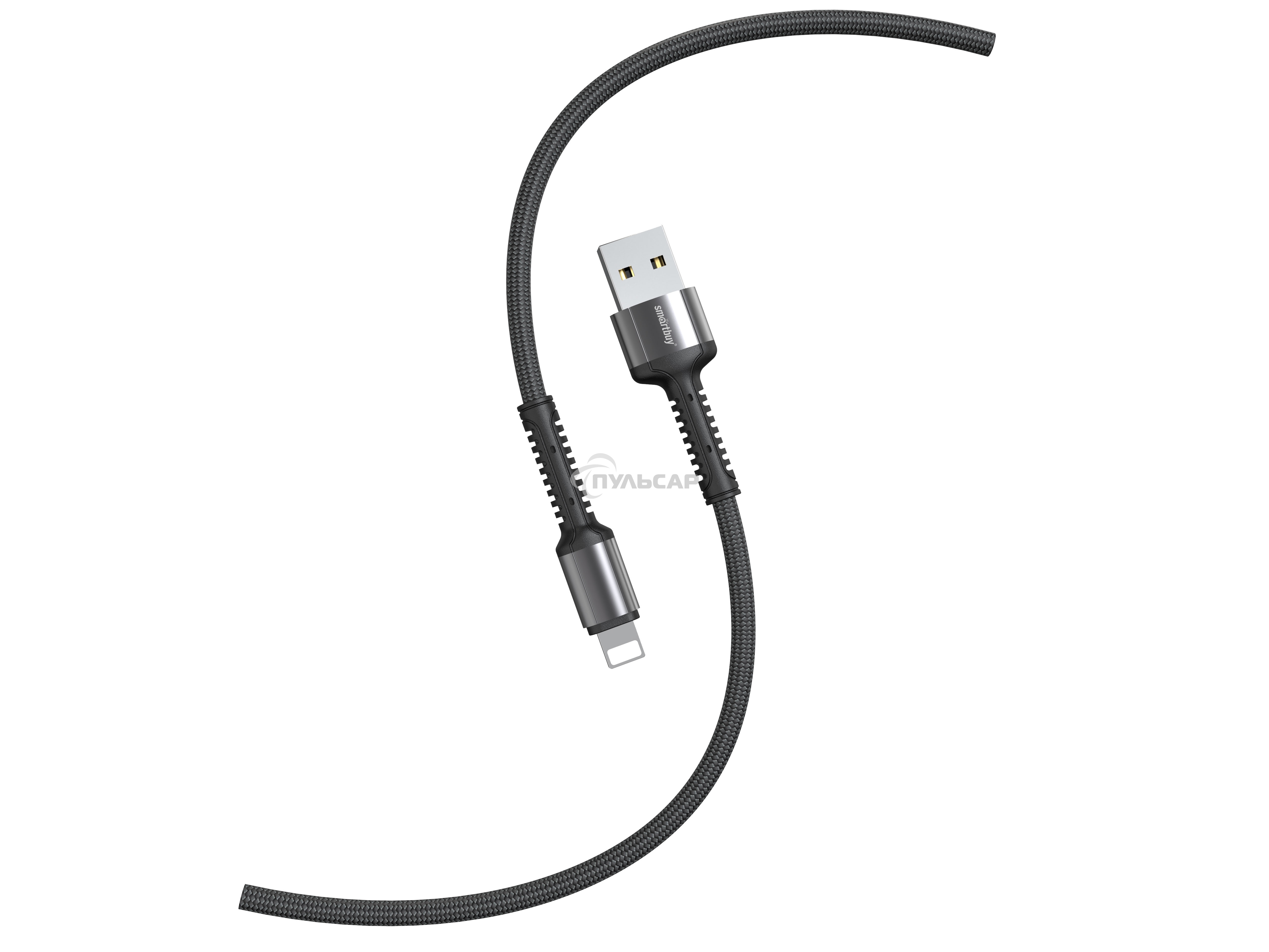 Кабель Smartbuy S26 USB - Lightning, PD 3A, 1м, оплетка нейлон, черный\серый (iK-512-S26bg)
