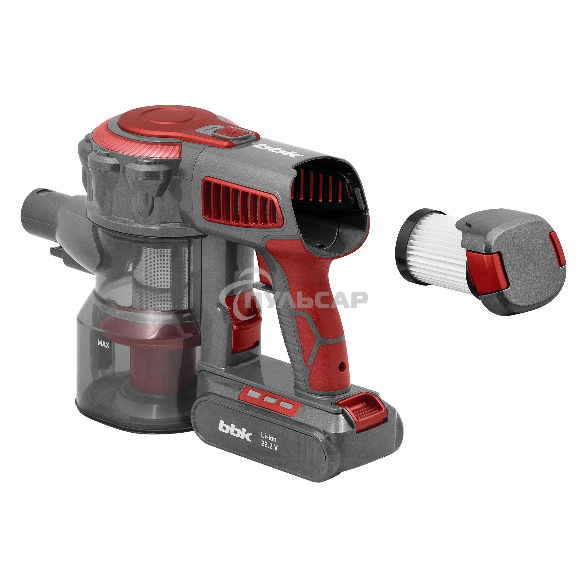 Пылесос вертикальный BBK BV3002 красный/серый, питание от аккумулятора, 150 Вт, уборка сухая, пылесборник 0.8 л, работа от АКБ max 30 мин