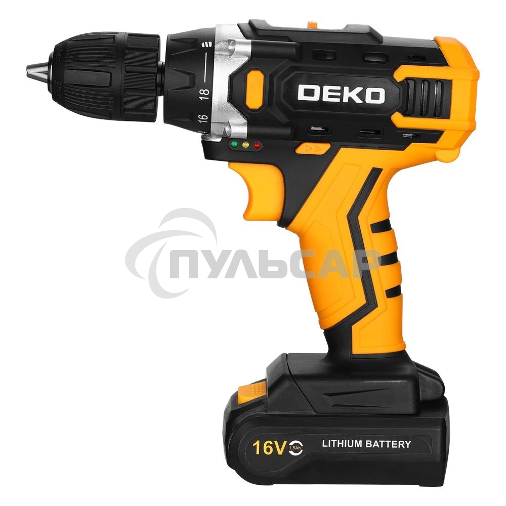 Аккумуляторная дрель-шуруповерт DEKO Sharker 16V в кейсе + набор 63 инструмента для дома, 16В, 2х1.5Ач
