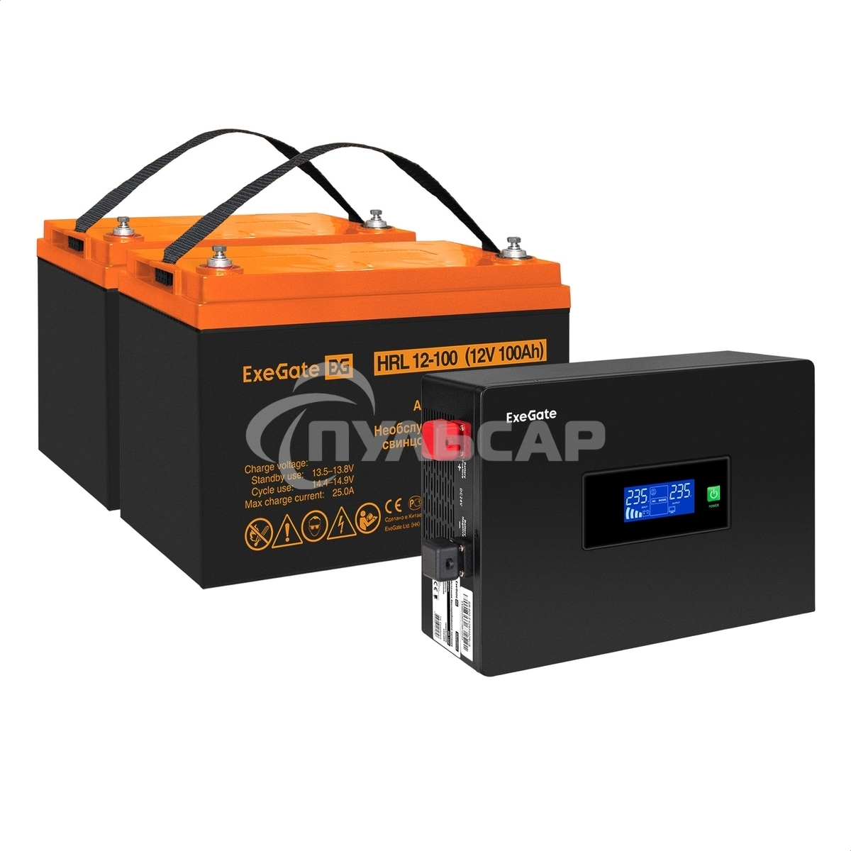 Комплект Источник бесперебойного питания EX295994RUS + батарея 100Aч EX285656RUS 2шт (инвертор, синус, для котла, PF=1, настенный) ExeGate IdealSine SR-1500.LCD.2SH 1500VA/1500W, чистая синусоида, цветной LCD-дисплей, 2*Schuko, крепление настенное, Black 