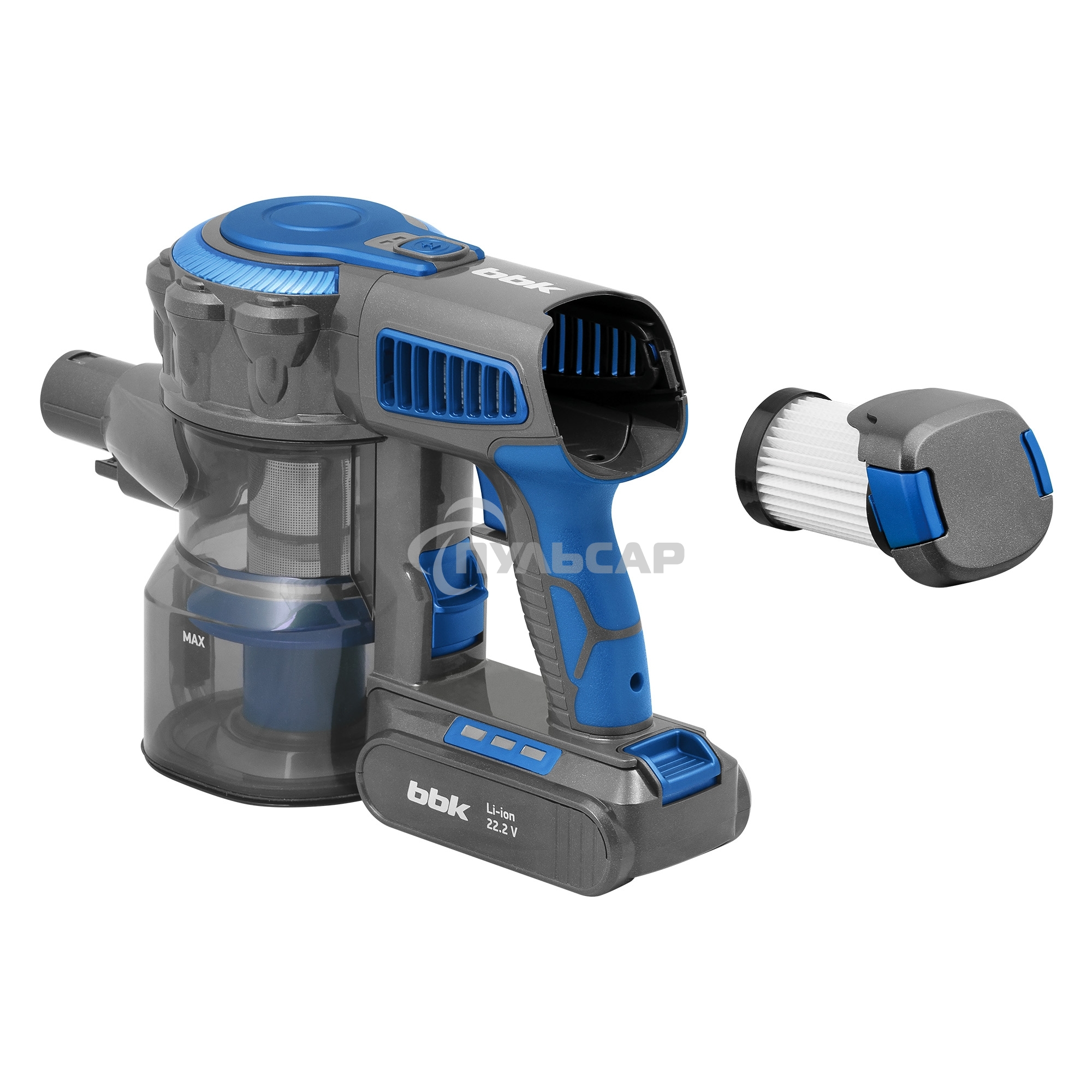 Пылесос вертикальный BBK BV3001 синий/серый, питание от аккумулятора, 150 Вт, уборка сухая, пылесборник 0.8 л, работа от АКБ max 30 мин