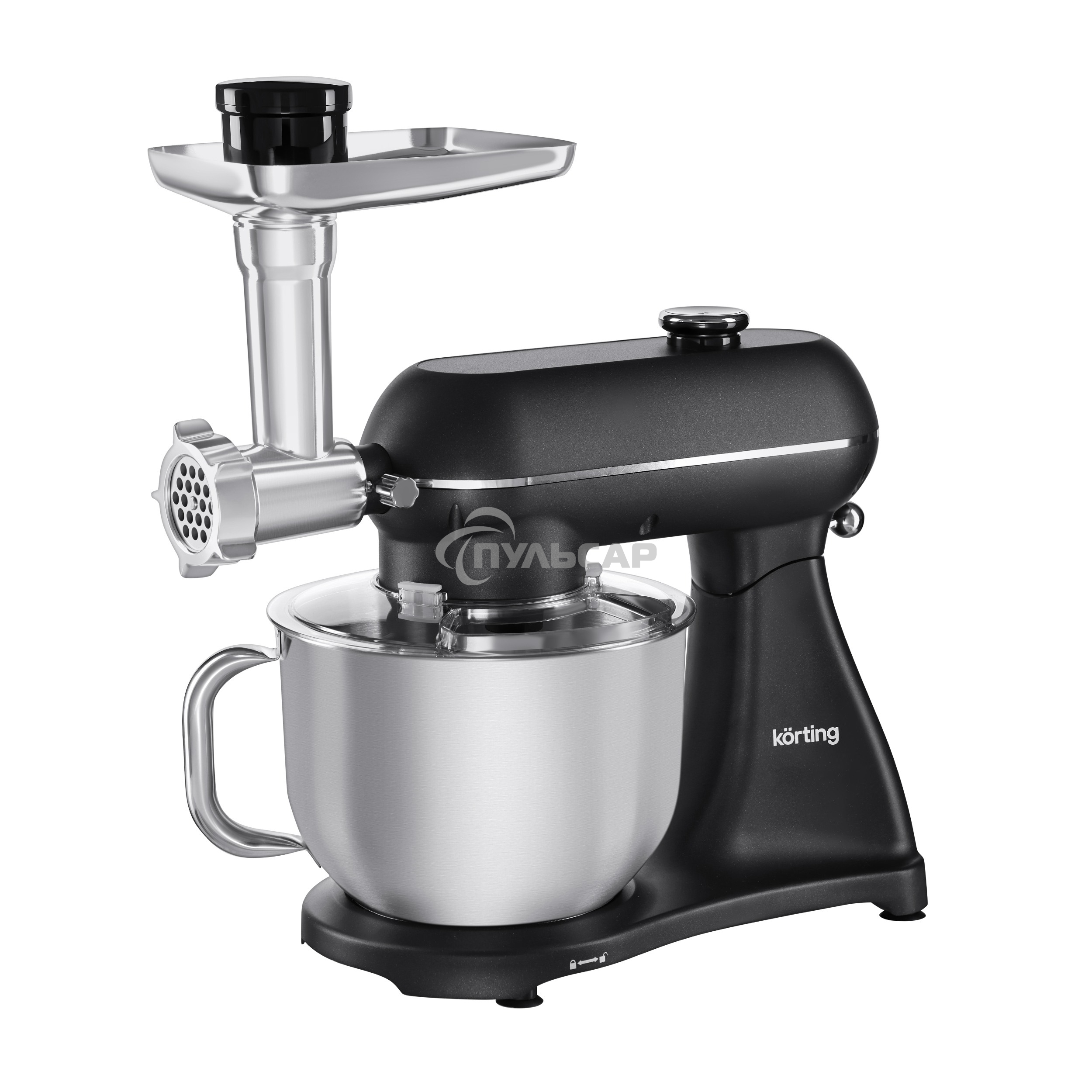 Кухонная машина KORTING KKM 0107 MB N, мощность 1500 Вт, 5 насадок, объем чаши 6.5 л, сенсорный дисплей/механическое управление, планетарное вращение, 11 скоростей, турборежим, импульсный режим, таймер, насадка для смешивания/крюк для теста/веничк/мясоруб