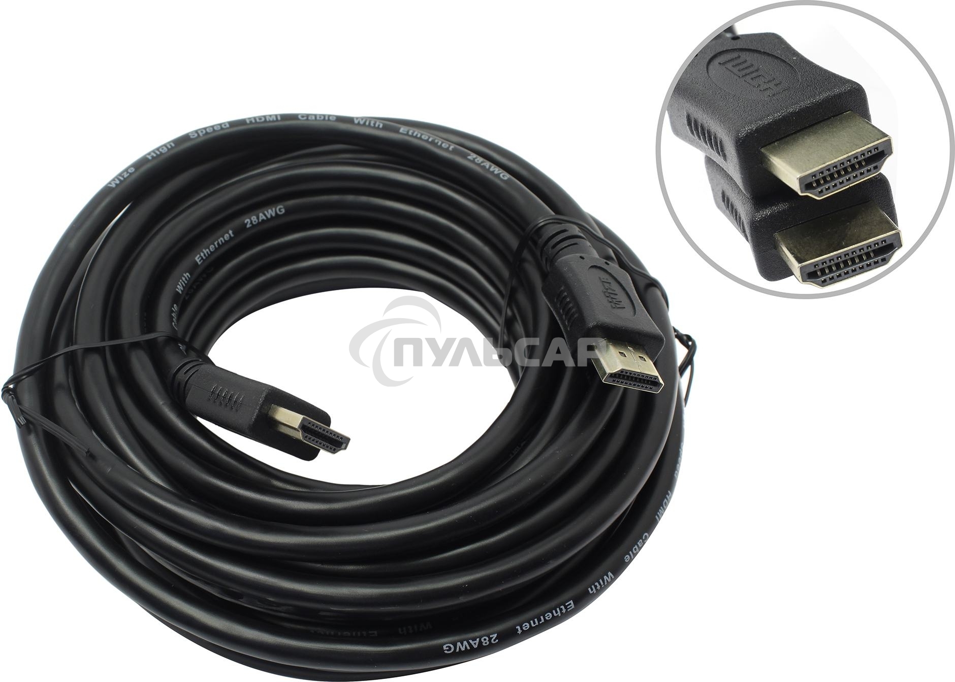 Кабель HDMI C-HM-HM-7.5M Wize, 7.5 м, v.2.0, 19M/19M, позол.разъемы, экран, черный, пакет