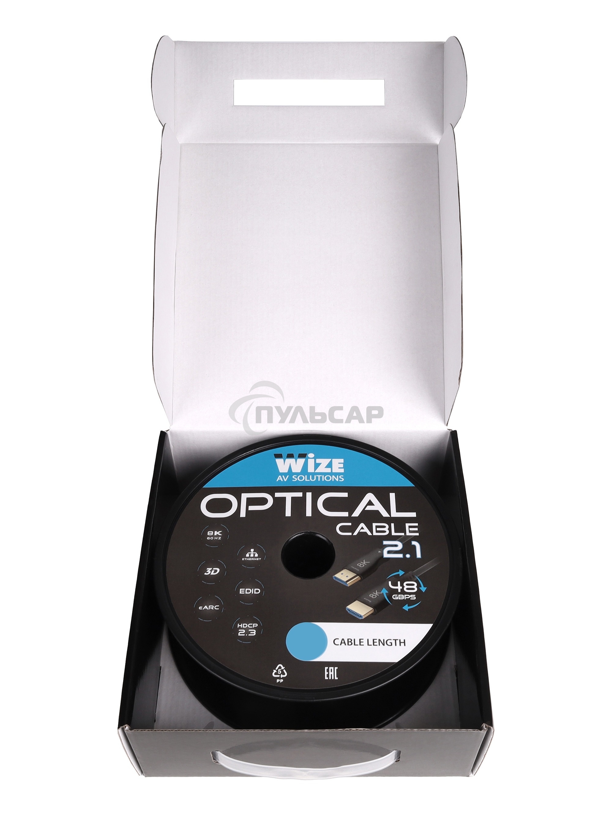 Кабель HDMI Wize AOC-8K-HM-HM-15M оптический, 15 м, 8K/60HZ 4:4:4, v.2.1, ARC, 19M/19M, HDCP 2.2, Ethernet, черный, коробка