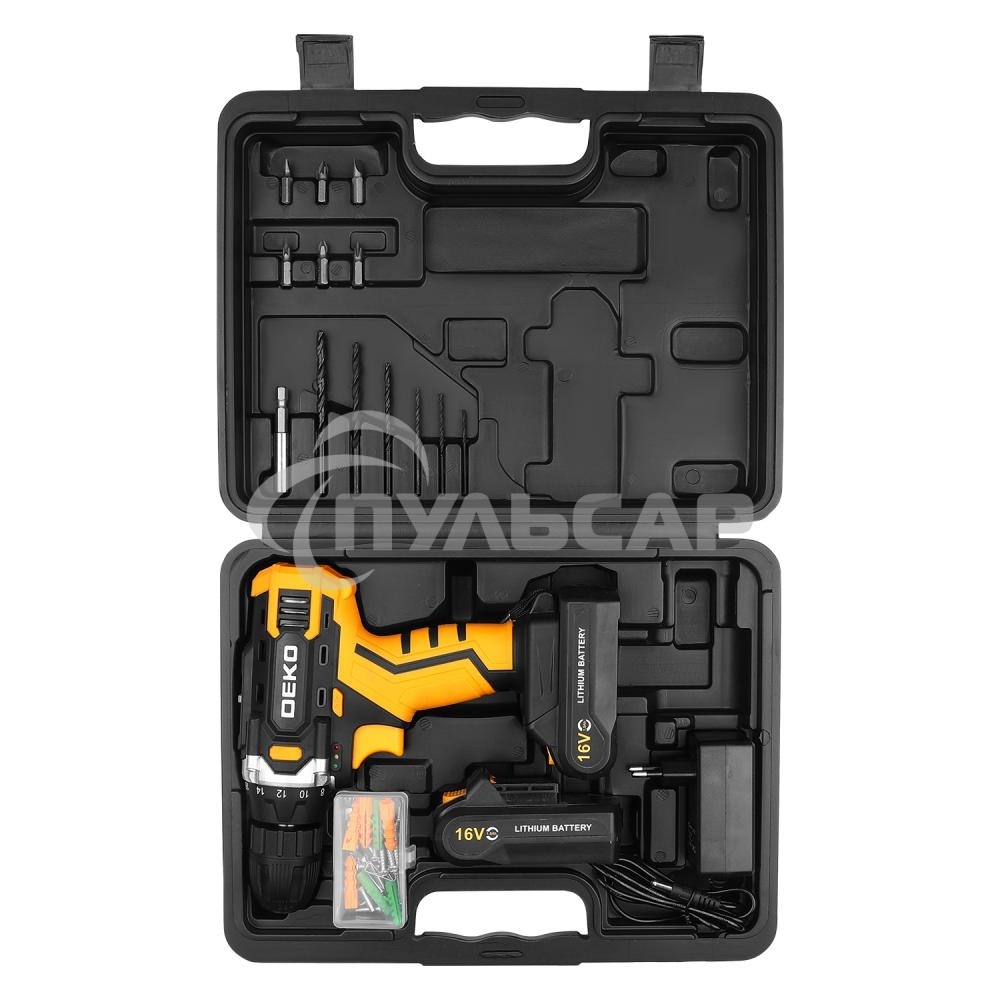Аккумуляторная дрель-шуруповерт DEKO Sharker 16V в кейсе + набор 63 инструмента для дома, 16В, 2х1.5Ач