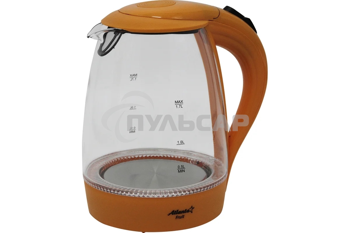 Чайник электрический ATLANTA ATH-2461 оранжевый, стекло, 1,7 л, 2000 Вт, иллюминация
