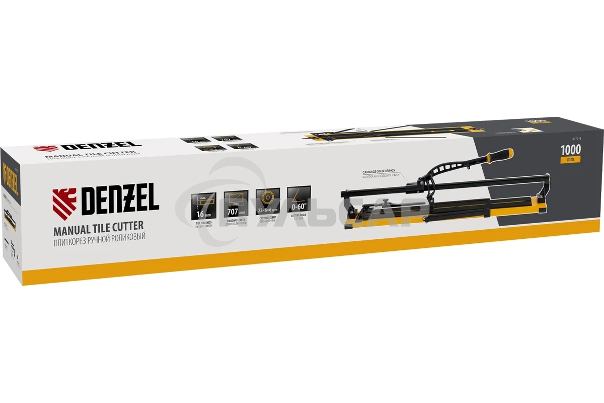 Плиткорез рельсовый 1000х16мм, каретка на подш., стальная станина, усил. рукоятка-пенал Denzel