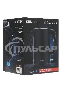 Чайник электрический Centek CT-0020 черный металл 1.7л, 2200W, бесшовная колба, двойные стенки