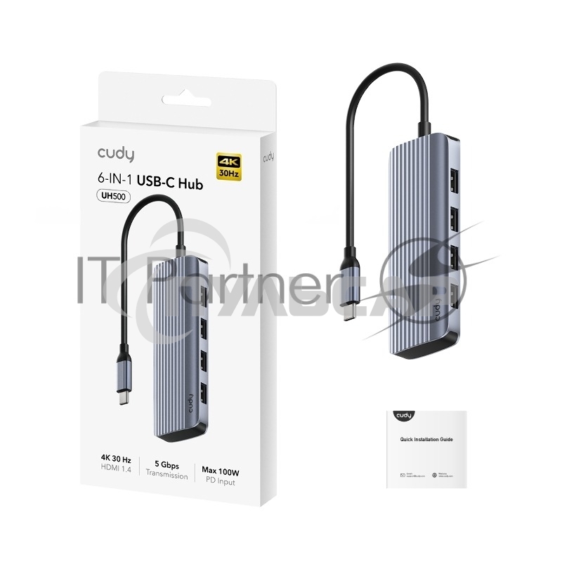 Концентратор USB-C Cudy UH500, 1 USB-C 3.0, 1x 4K@30Hz HDMI Port, 1x 100W USB-C port for PD Charging, 4x USB-A (UH500)