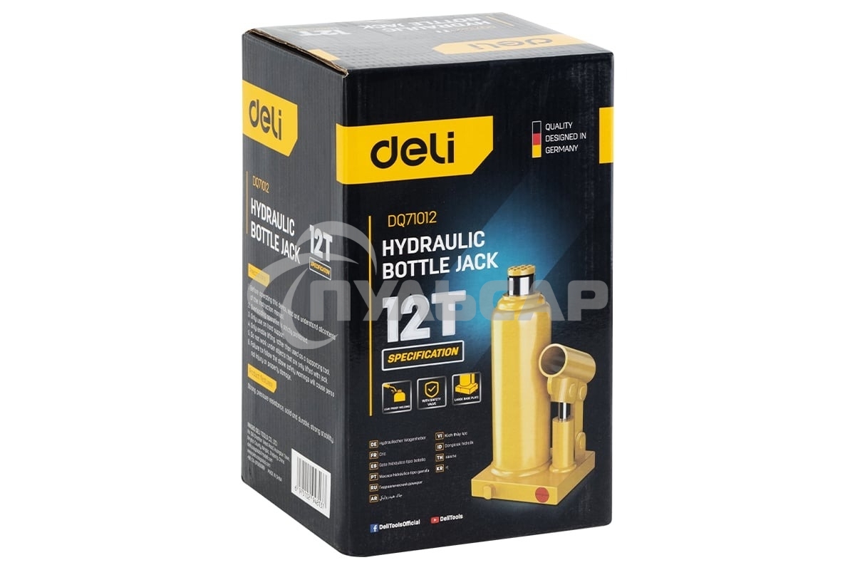 Домкрат бутылочный гидравлический Deli DQ71012 макс.грузоподъемность 12 т