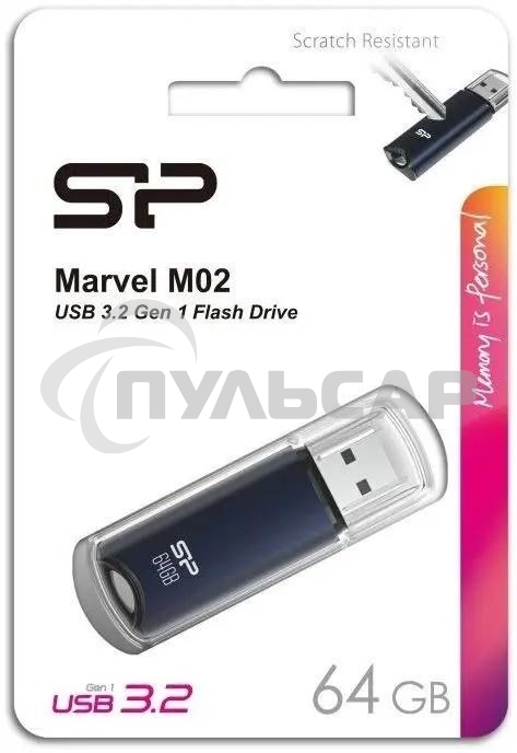 Флешка USB R/W 64 Gb Silicon Power Marvel M02, USB 3.2, синий