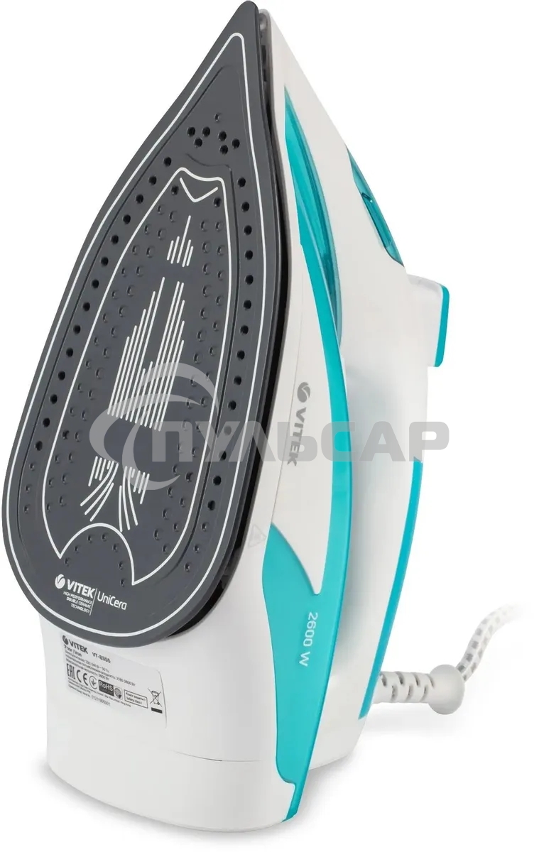 Утюг Vitek VT-8355 (MC) белый/бирюзовый 1. Максимальная мощность 2600 Вт 2. Керамическая подошва 3. Емкость для воды 400 мл