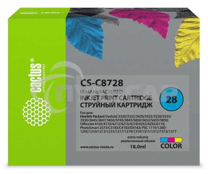 Картридж струйный Cactus CS-C8728 №28 многоцветный (18 мл) для HP DeskJet 3320, 3420, 3520, 3535, 3550, 3645, 3650, 3740, 3840, 5150, Fax 1240, OfficeJet 4105, 4110, 4211, 4251, 5500, 5510, PSC 1110, 1200, 1210, 1310, 1340, 1350
