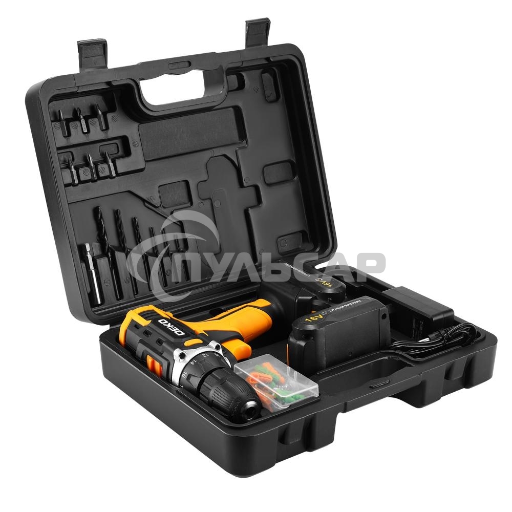 Аккумуляторная дрель-шуруповерт DEKO Sharker 16V в кейсе + набор 63 инструмента для дома, 16В, 2х1.5Ач