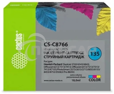Картридж струйный Cactus CS-C8766 №135 многоцветный (18 мл) для HP DJ 5743/6543/6843/DJ 6213/7313/7413/6313/7213/7313/7413/K7103/PS 2573/2613/2713/8053/8153/8453/8753/D5063/Pro B8353