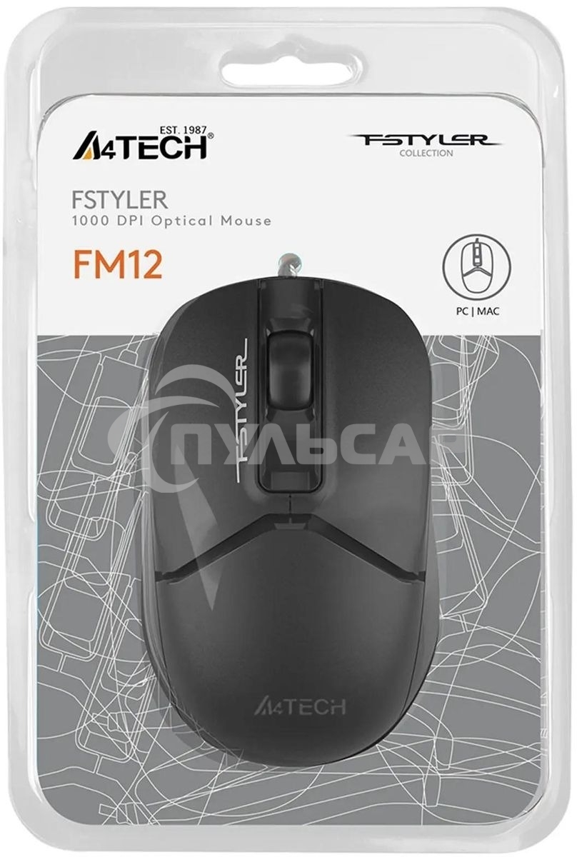 Мышь проводная A4Tech Fstyler FM12S черный, 1200 dpi, USB, кнопки - 3