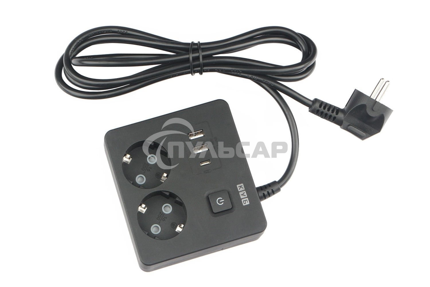 Бытовой удлинитель PowerCube, 2р с/з вык.,3USB, 3500 Вт, 16А, 1.9 м, 3*1,0 черный квадрат PC-1B-2M