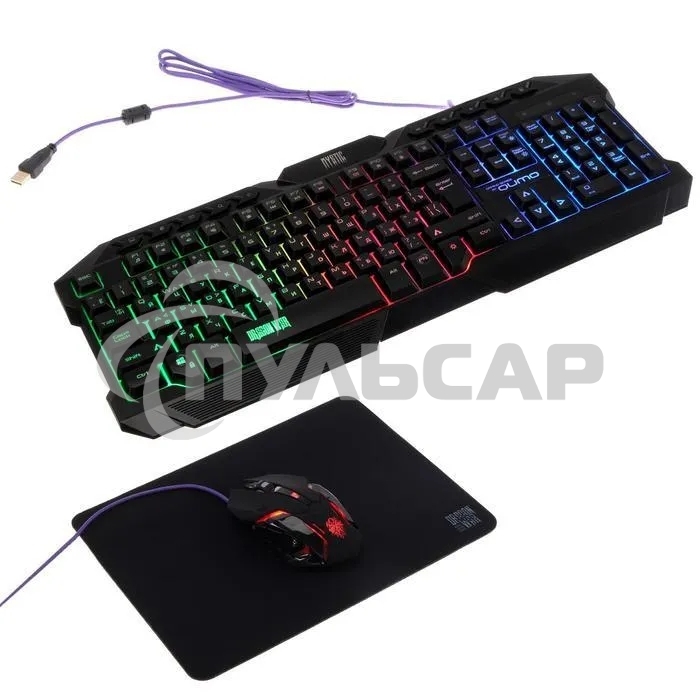 Игровой комплект Qumo Mystic K58/M76, кл-ра проводная 104 + 10 клавиш мультимедиа, встроенные подсветки общая + кнопок 3 цвета, мышь проводная, оптическая, 1200/1600/2400/3200 dpi с подсветкой, коврик