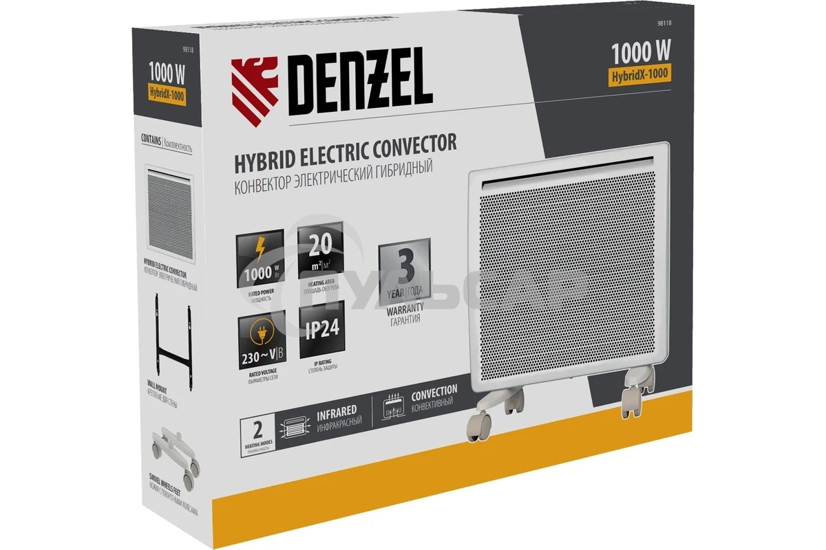 Конвектор гибридный Denzel HybridX-1000 белый, 1000 Вт, 20 м2, термостат, дисплей
