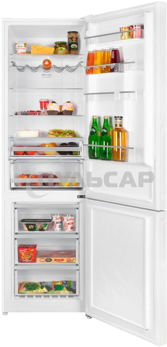 Холодильник Maunfeld MFF200NFWE белый, двухкамерный, 271/106 л, морозилка снизу, Total No Frost