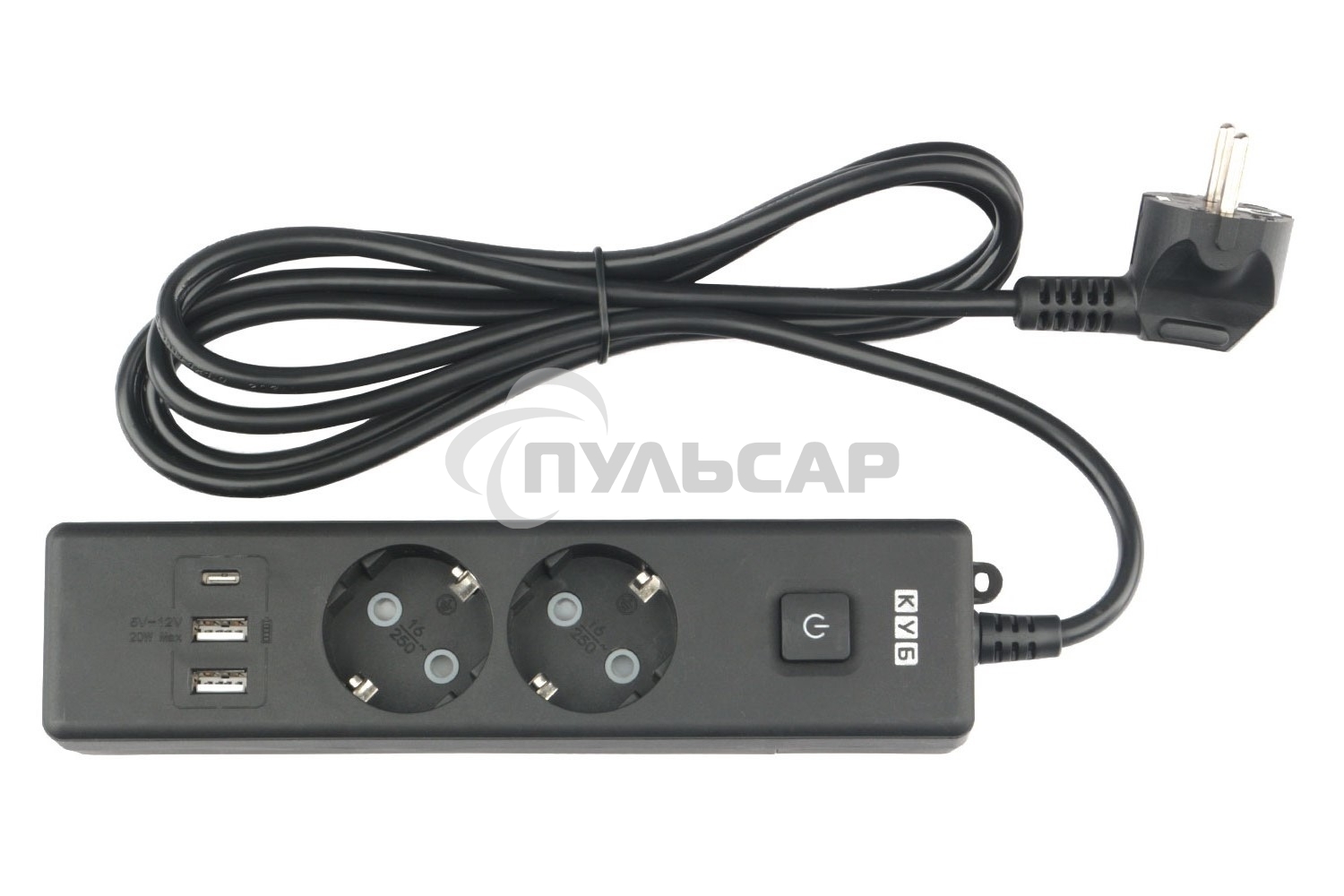 Бытовой удлинитель PowerCube, 2р с/з вык.,3USB, 3500 Вт, 16А, 1.9 м, 3*1,0 черный PC-5B-2M
