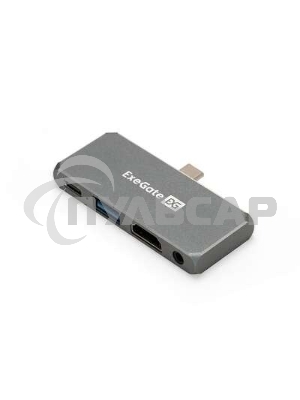 Док-станция 5-в-1 ExeGate DUB-31C/PD/HA (кабель-адаптер USB Type-C --> 1xUSB3.0 + Type-C DATA (480Mb/s) + PD 100W + HDMI 4K@30Hz + Audio, Plug&Play, подходит для iPad Pro и мобильных телефонов, серый)