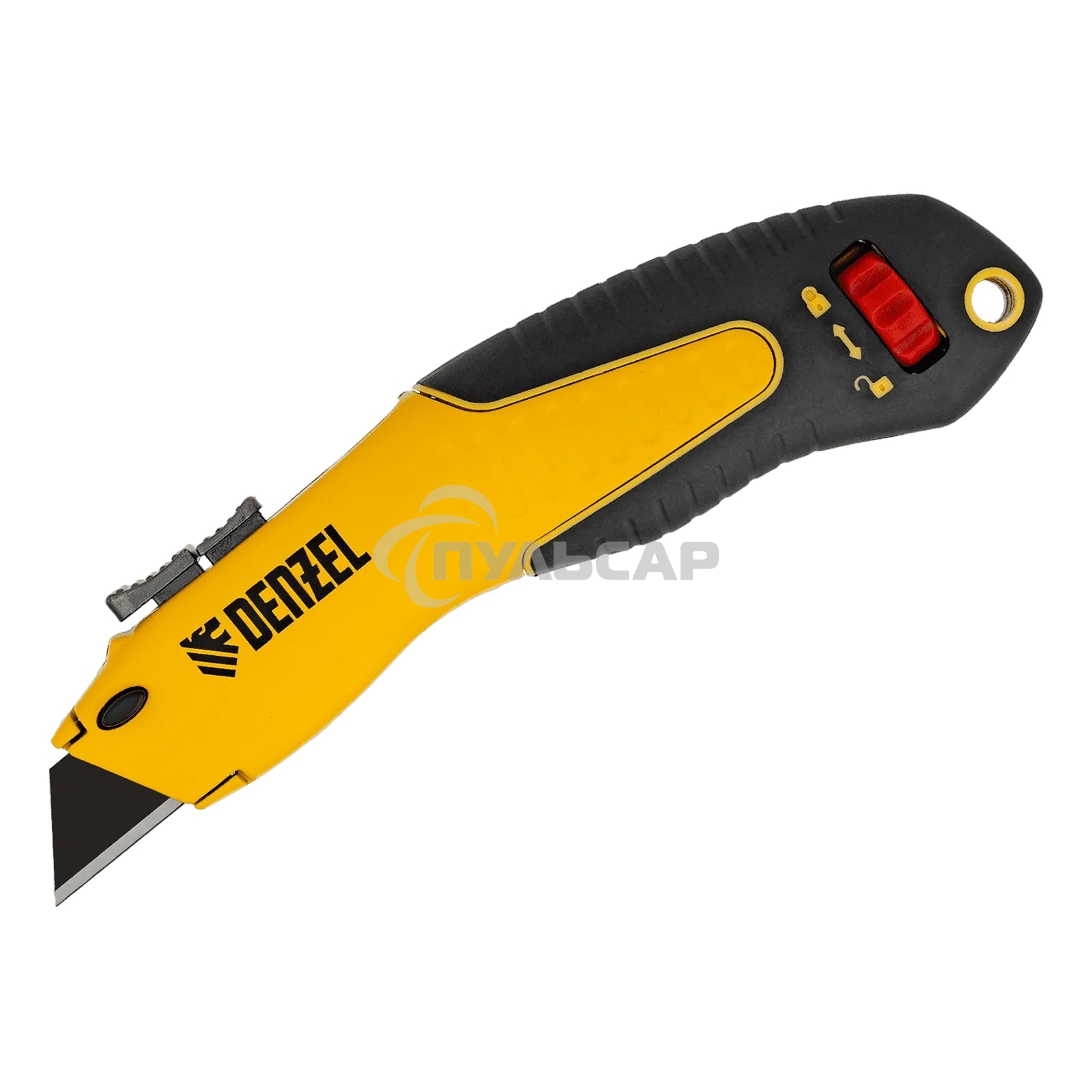 Нож строительный Denzel 19 мм, сменное трапециевидное лезвие, SK4, алюминиевый корпус, торцевой зажим