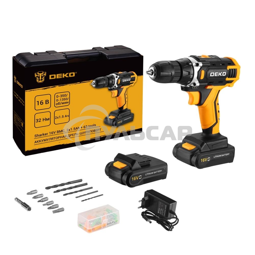 Аккумуляторная дрель-шуруповерт DEKO Sharker 16V в кейсе + набор 63 инструмента для дома, 16В, 2х1.5Ач
