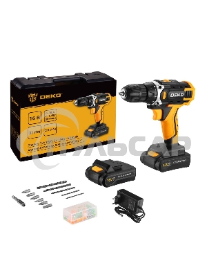 Аккумуляторная дрель-шуруповерт DEKO Sharker 16V в кейсе + набор 63 инструмента для дома, 16В, 2х1.5Ач