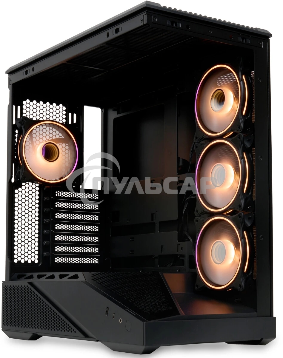 Компьютерный корпус без блока питания HSPD F711-TGbK-ARGB, Panoramic Full Tower, черный, TG, 0.7 SPCC, 4x120мм ARGB ATX, mATX, mITX 190/420/280мм 2x2.5