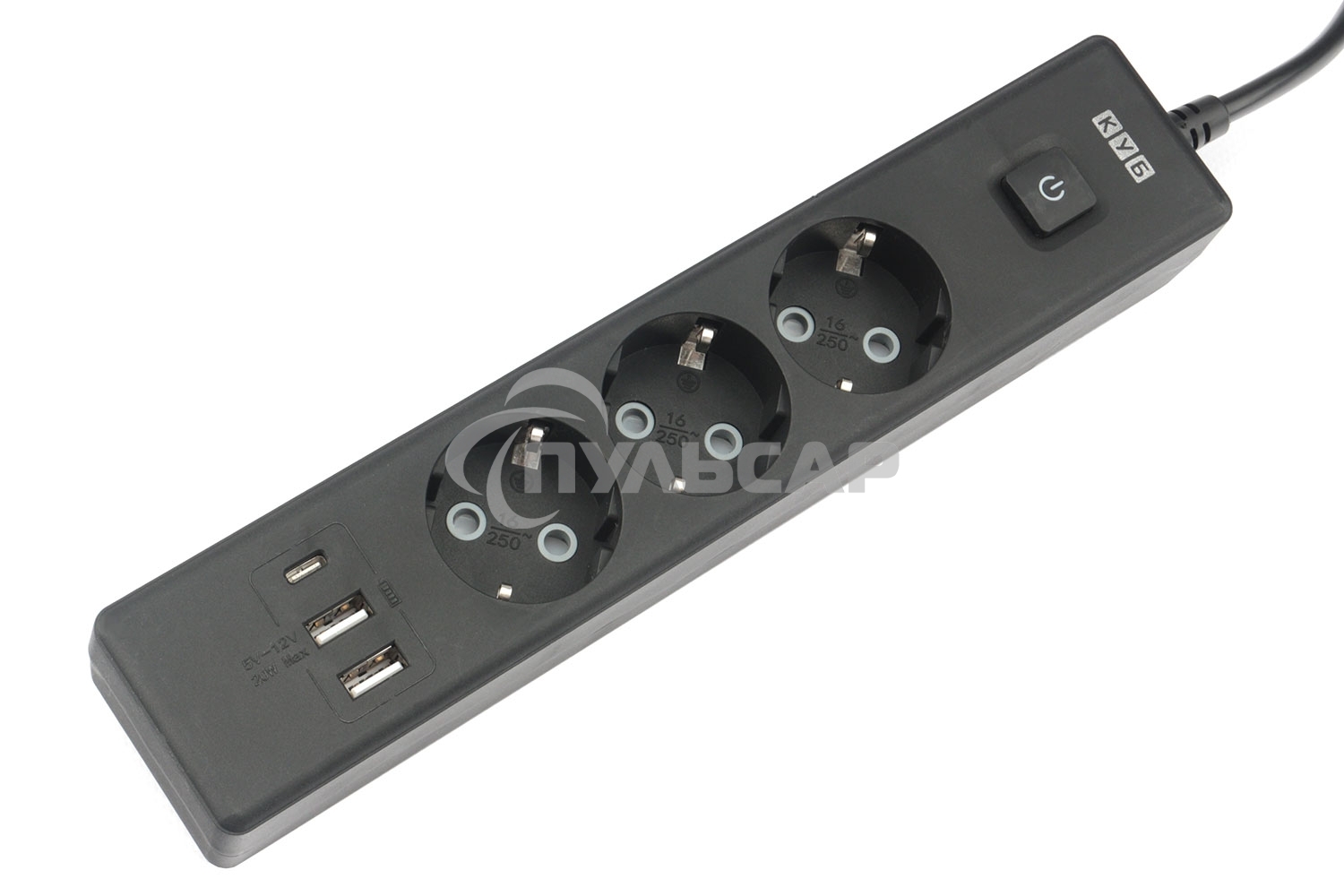 Бытовой удлинитель PowerCube, 3р с/з вык.,3USB, 3500 Вт, 16А, 1.9 м, 3*1,0 черный PC-6B-2M