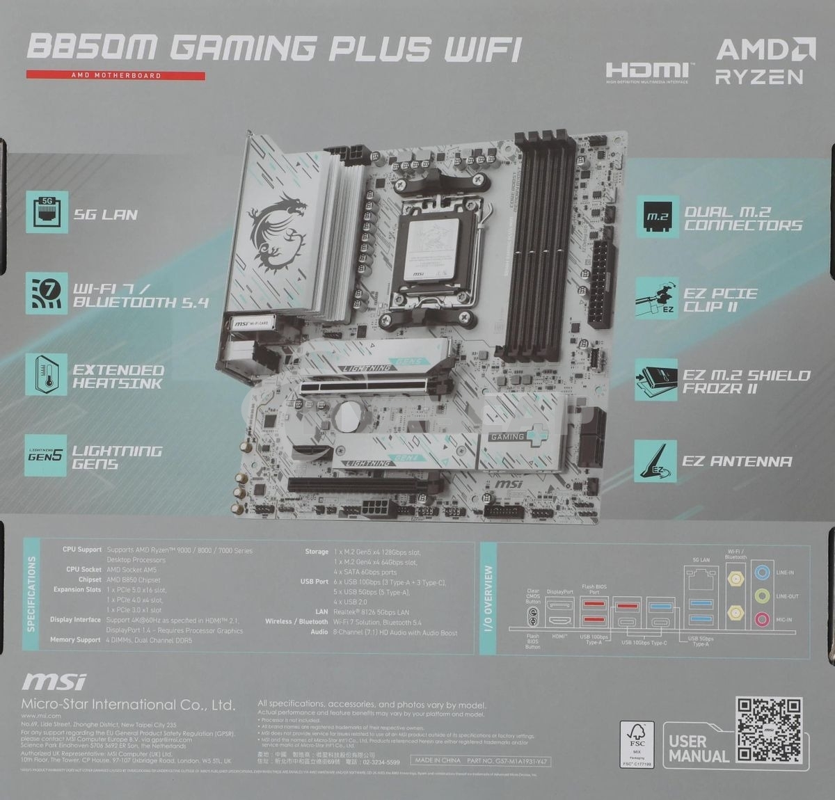 Материнская плата MSI B850M GAMING PLUS WIFI, AM5, AMD B850, 4xDDR5, 4xSATA, 2xM.2, 1xPCIe 5.0 x16, 1xPCIe 4.0 x4, 1xPCIe 3.0 x1, 1xDP, 1xHDMI, 1x5Gb LAN, Wi-Fi 7, Bluetooth 5.4, 3xUSB-C 10Gbps, 3xUSB-A 10Gbps, 3xUSB-A 5Gbps, 3x3.5 мм, 7.1, mATX