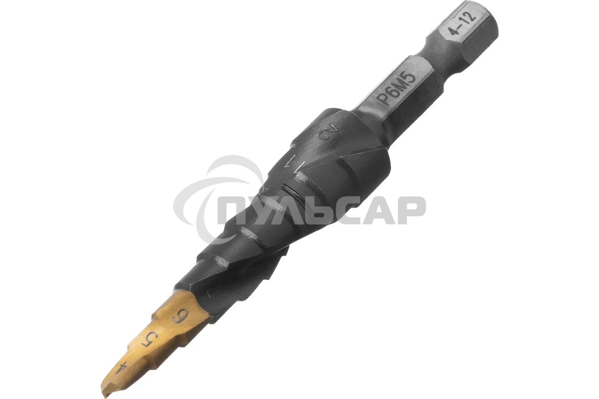 Сверло ступенчатое Denzel 4-5-6-7-8-9-10-11-12 мм, Р6М5, 6-гр. хвостовик 723602