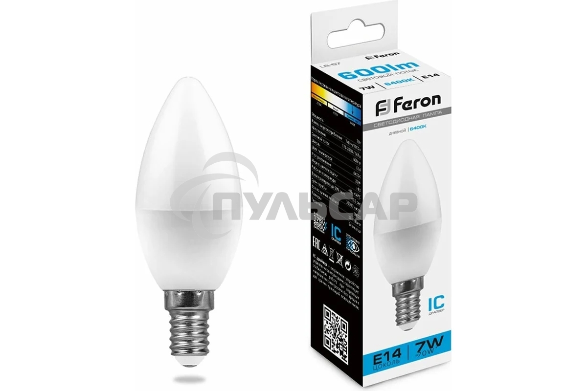 Лампа светодиодная Feron LB-97 7W 230V E14 6400K свеча