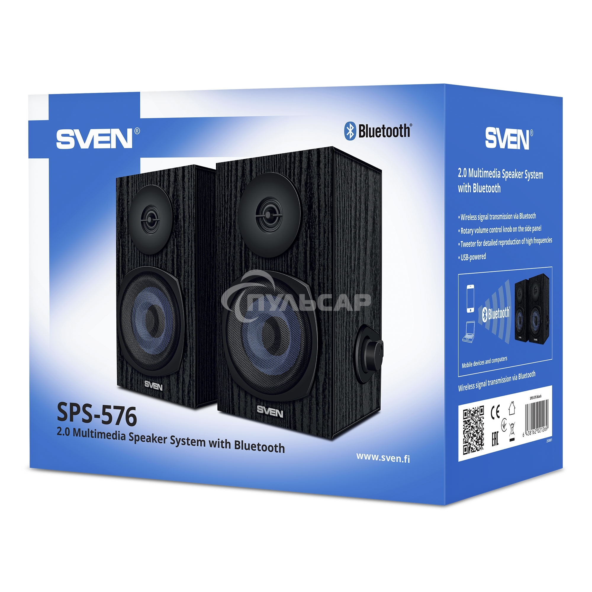 Акустическая система 2.0 SVEN SPS-576 черные (2x4W, Bluetooth, дерево)