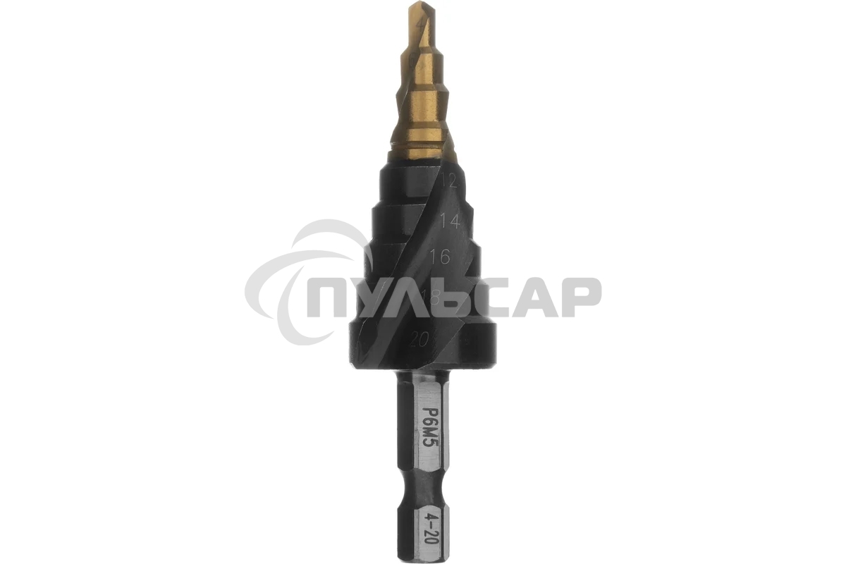 Сверло ступенчатое Denzel 4-6-8-10-12-14-16-18-20 мм, Р6М5, 6-гр. хвостовик 723603