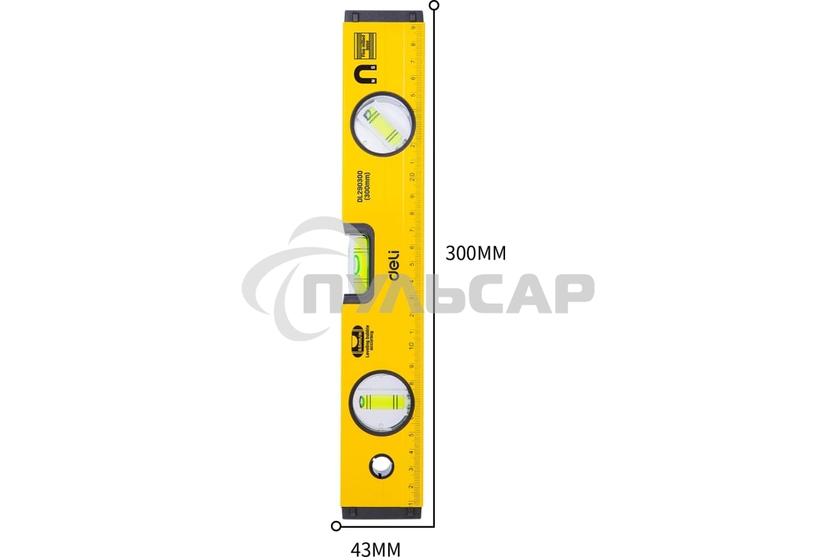 Строительный уровень Deli DL290300 300мм Алюминиевый сплав. Мягкая резина на обоих концах. Магнит для удобства эксплуатации. Измерение под углом 45°.