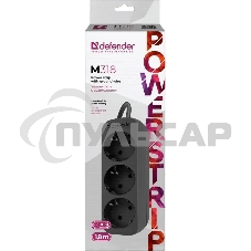 Удлинитель сетевой Defender M318 черный, 1.8 м, EURO, 3 розетки, 2200 Вт