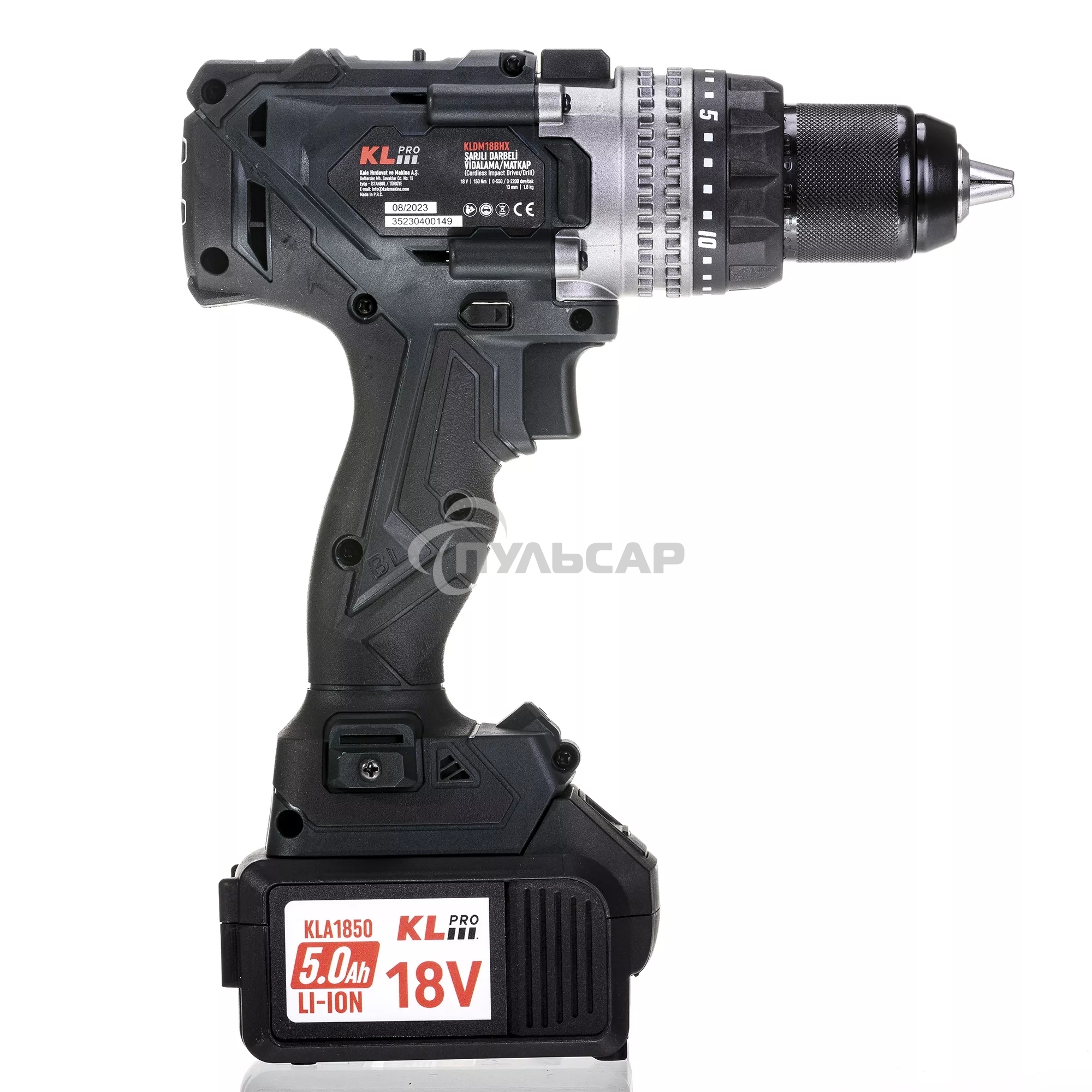 Профессиональный аккумуляторный бесщеточный ударный шуруповерт KLPRO KLDM18BHX-50 (18В, Li-ion-2шт, 5.0А·ч, 150Нм, 2 скорости, подсветка, магнитная бита,З/У,в кейсе)