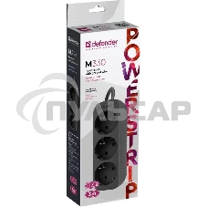 Удлинитель cетевой Defender M330 черный, 3 м, EURO, 3 розетки, 2200 Вт
