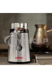 Кофемолка ARESA AR-3605 220-240В 50Гц 300Вт Вместимость контейнера для зерен 65 г. Корпус из металла, прозрачная крышка Импульсный режим работы Нож из нержавеющий стали Защита от случайного включения Возможность помола специй, орехов и сухофруктов